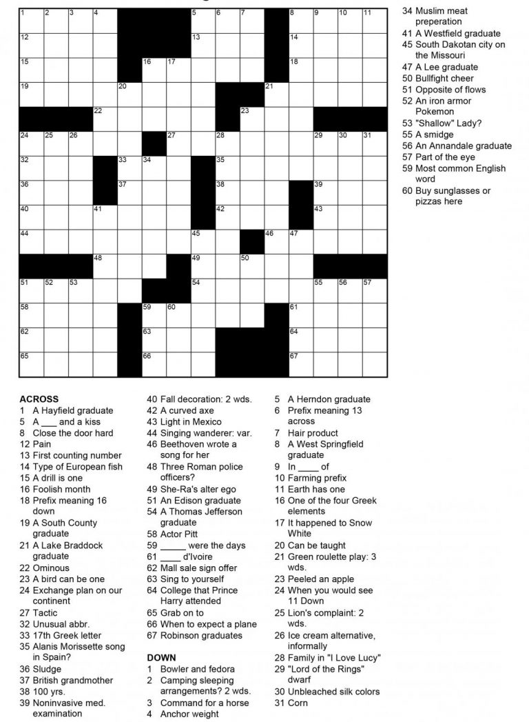 FCPS Roll Call: Crossword Puzzle and Solution The Lance
