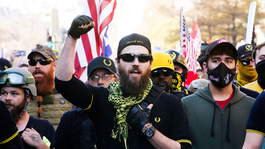 Members of the Proud Boys demonstrate their support for President Donald Trump at the Million MAGA March on Nov. 14, 2020, in Washington.