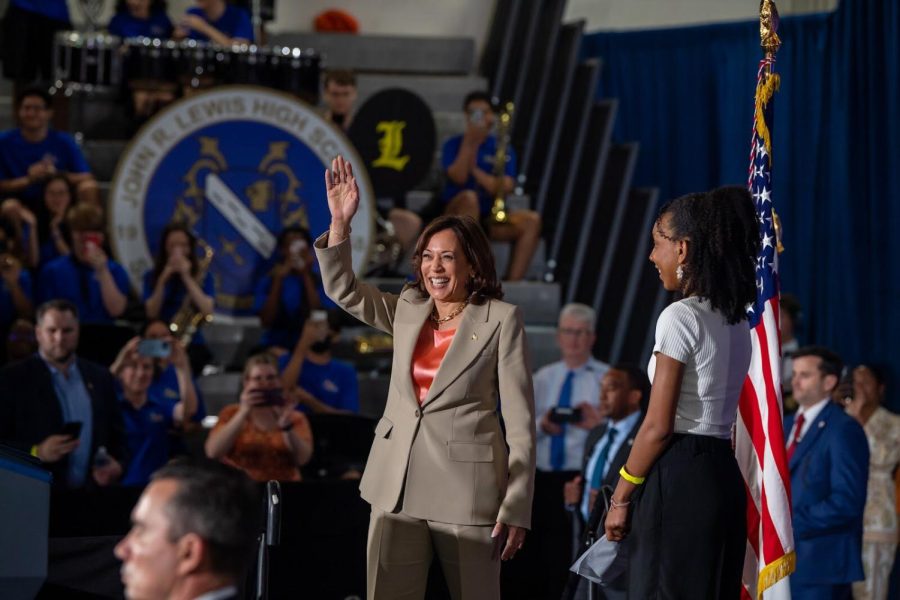 Lewis senior Jada Hughes (right) delivered the speech introducing Vice President Kamala Harris on Friday, June 2.