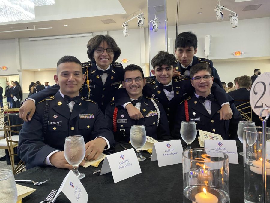 JROTC students from the Edison Battalion gather at the annual military ball in Fair Oaks, from left to right, c/CPL Bryan Cedillos, c/Cap Andrew Sonora, c/Cap Rolando Aguilar, c/Cap Bazhan Jiwaid, and c/1sgt Eduardo Ramírez.
