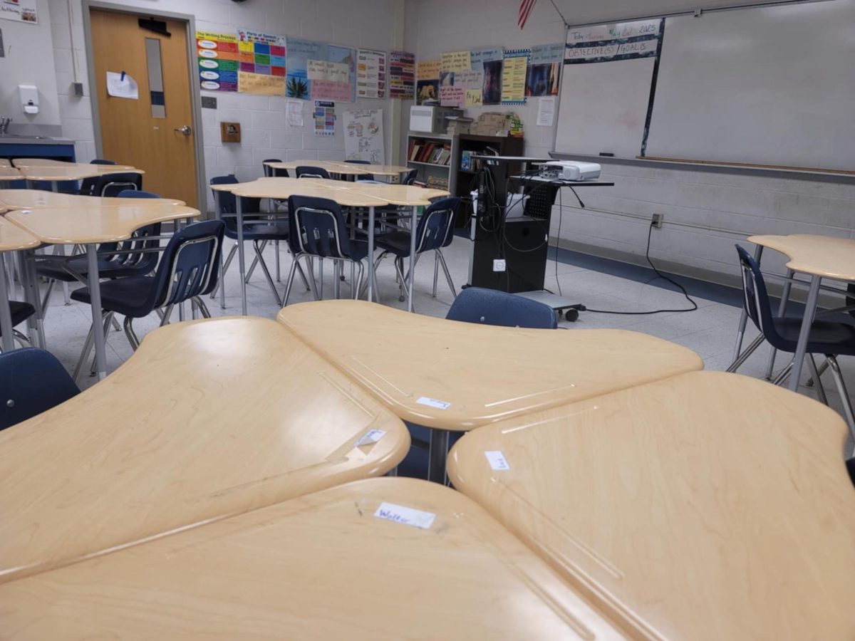ESOL teacher Catherine Anyimadu's classroom, room 251, demonstrates the too-small student desks and projector cart.