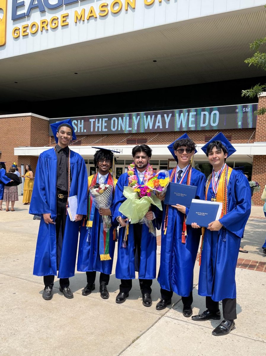 Article author Saad Ali (center) and class of 2025 friends (left to right, Brian McDowell, Lamiek Haile,  John Nguyen-Tran, and Syed Imran) struggled with motivation towards the end of their senior year but found that their hard work paid off at Lewis' June 3 graduation celebration at Eagle Bank Arena.